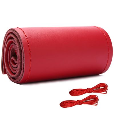 Cowhide Leather Car Steering Wheel Cover Big Trucks Big Buses, 18 1/8-19 Inch Universal Stitch On Wrap, DIY with Needle & Thread (Red, XXXL)