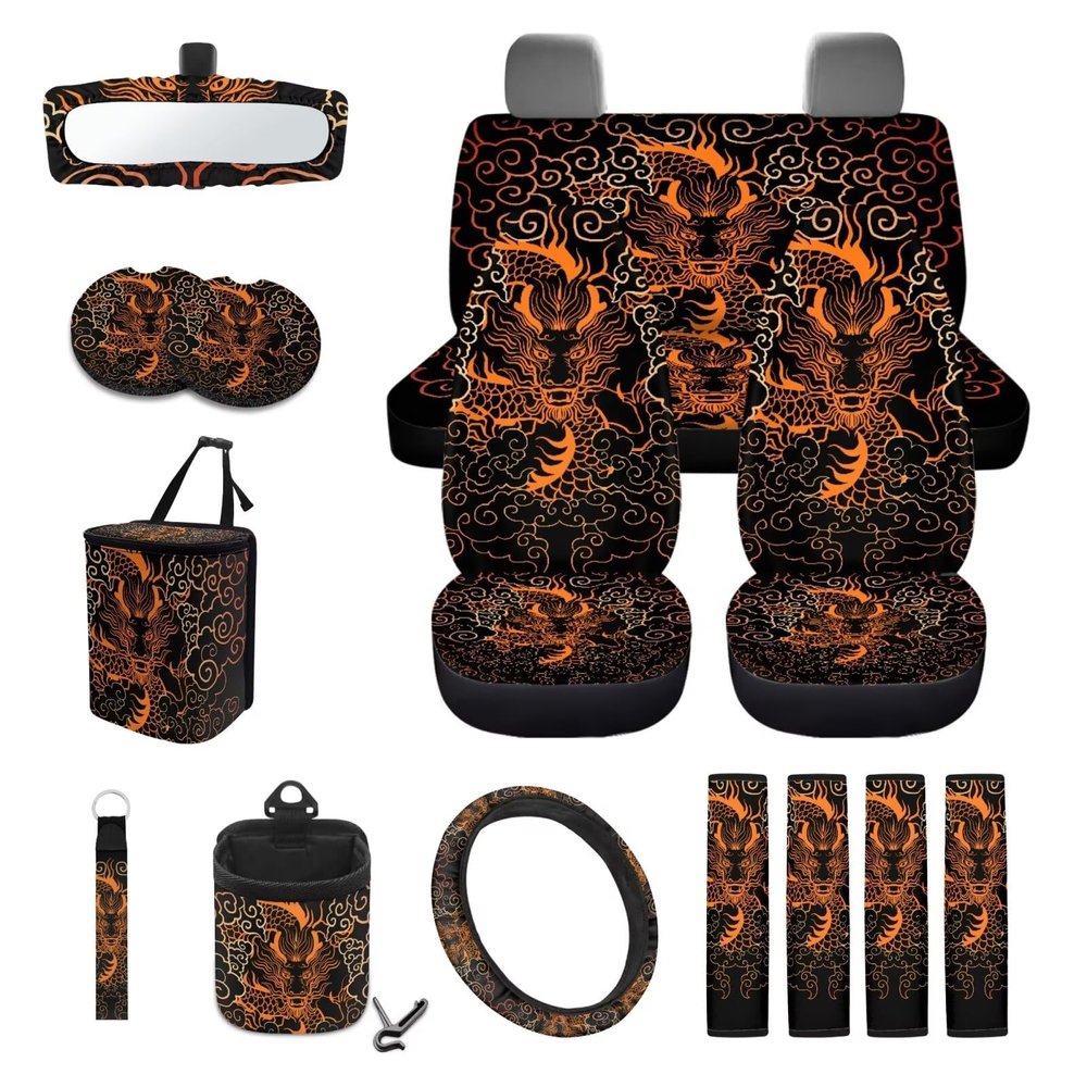 Drydeepin Cool Dragon Print 15Pcs Car Seat Cover Full Set Car Steering Wheel Cover Seat Belt Cover Trash Bin Air Vent Storage Box Front Rear View Mirror Car Cup Holder Keychain