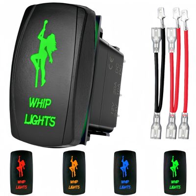 Whip Lights Rocker Switch 5 Pin SPST 12V-24V DC Marine Boat Waterproof Heavy Duty Toggle Switch On Off, Laser Etched Rocker Switch with Jumper Wires for Automotive Jeep Car Truck RV ATV UTV (Green)