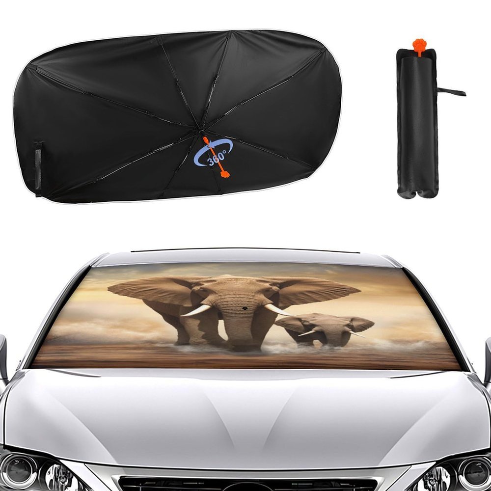 Elephant and Baby Elephant Car Windshield Sun Shade Umbrella Foldable Car Umbrella Sunshade for Front Window Auto Cover Sun Block Universal Car Keeps Vehicle Cool for Most Vehicle