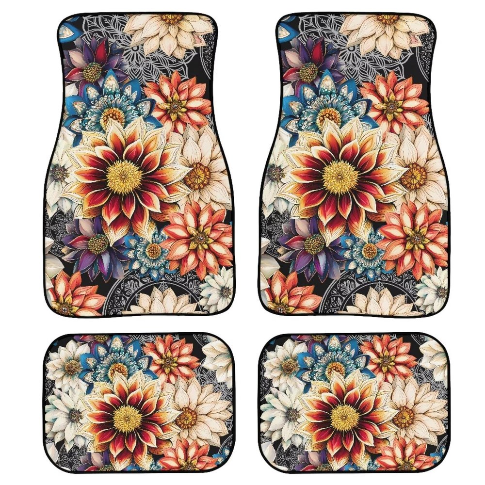 TOADDMOS Floral Dahlia Blossom Car Floor Mats Carpet Boho Style Floor Mats for Cars 4-Pcs Full Set Front & Rear Liners Carpet Floor Mats for Cars Sedans SUV Truck for Women Gifts,4 Piece Set