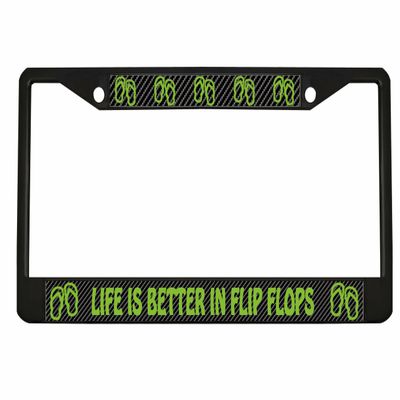 Life is Better in Flip Flops Style Heavy Duty Metal License Plate Frame Personalise/Car Accessories Car Tag Holder Cover (Carbon) (Bl/Carbon/Lime Green)