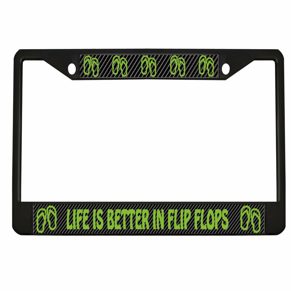 Life is Better in Flip Flops Style Heavy Duty Metal License Plate Frame Personalise/Car Accessories Car Tag Holder Cover (Carbon) (Bl/Carbon/Lime Green)