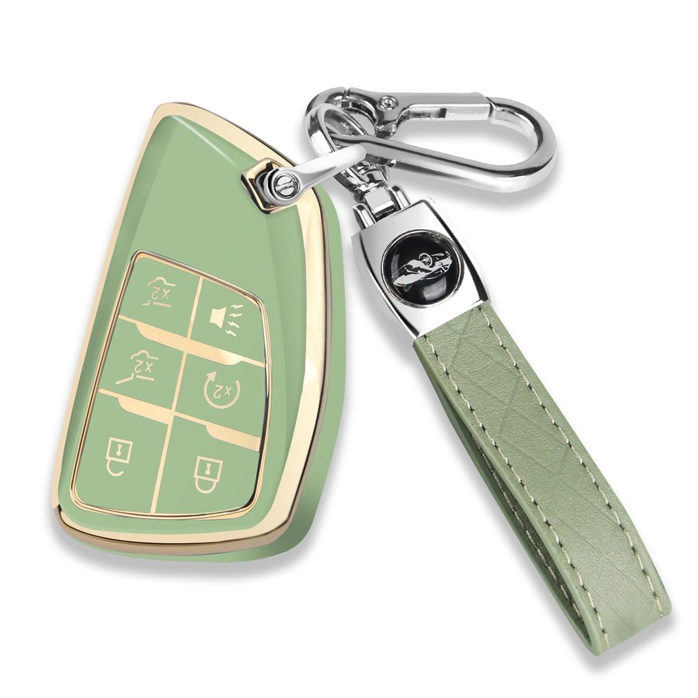 QBUC for Chevy Key Fob Cover with Keychain Soft TPU Protection Case Compatible with 2021-2026 Chevy Tahoe Suburban GMC Yukon Denali Silverado 6-Buttons(Gold Trim Green)