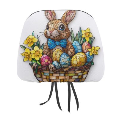 Easter Bunny And Eggs Printed Car Headrest Cover,2 Pieces, 3D Stained Glass Elastic Comfort Head Rest Cover for Women Men, Universal Fits Most Cars Van SUV Truck, Car Interior Decor Accessories