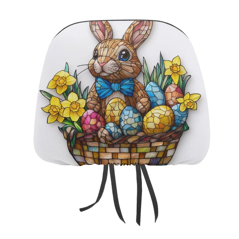 Easter Bunny And Eggs Printed Car Headrest Cover,2 Pieces, 3D Stained Glass Elastic Comfort Head Rest Cover for Women Men, Universal Fits Most Cars Van SUV Truck, Car Interior Decor Accessories