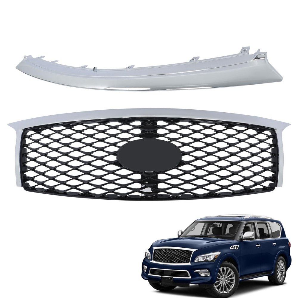 munirater Front Upper Grille Lower Bumper Grill Trim Chrome Camera Hole Replacement for QX80 2015 2016 2017