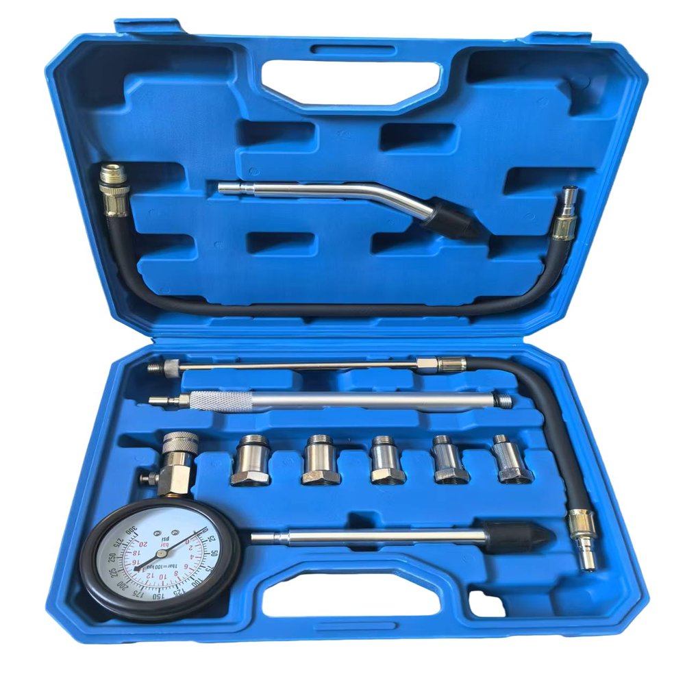 ZEAJSRU 11PCS Engine Cylinder Compression Tester Kit, 0-300 PSI/0-20 Bar Gasoline Fuel Pressure Gauge Tool with M10 M12 M14 M16 M18 Adapters for Car Motorcycle ATV(11PCblue)