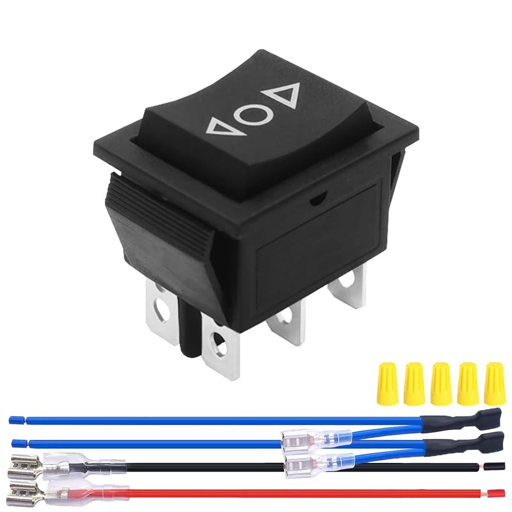 MKBKLLJY 1Pcs Momentary Motor Polarity Reverse Rocker Switch Black DC 20A 12V DPDT 6Pin 3Position (ON)-Off-(ON) 16A 250V AC/20A 125V AC Automatic Reset Switch with Jumper Wires Wiring Cap for Boat