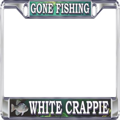Outdoor Customs Gone Fishing White Crappie Metal License Plate Frame, Chrome Plated, UV-Resistant, 3D Domed Fish Decal, Weatherproof, Made in USA, Silver