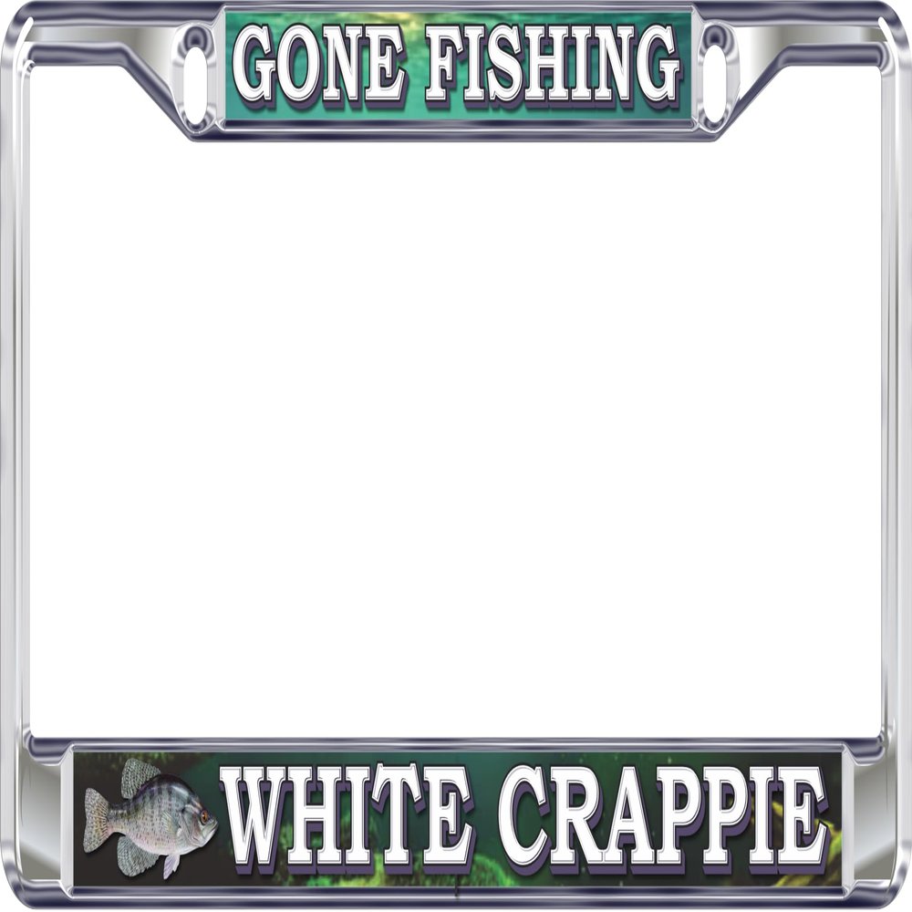 Outdoor Customs Gone Fishing White Crappie Metal License Plate Frame, Chrome Plated, UV-Resistant, 3D Domed Fish Decal, Weatherproof, Made in USA, Silver