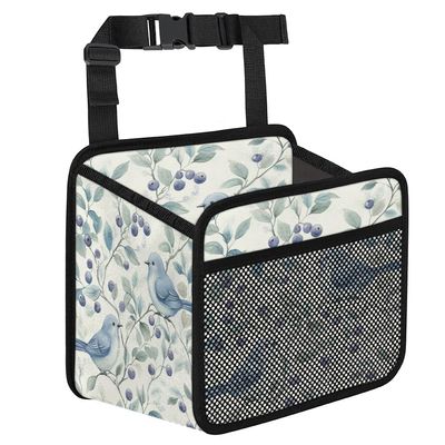 HISQSTUU Watercolor Birds Blueberries Car Backseat Organizer PU Leather Automotive Back Seat Storage Bag Universal Hanging Garbage Box Travel Accessories Foldable