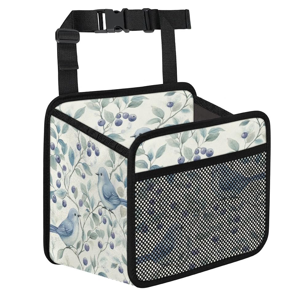 HISQSTUU Watercolor Birds Blueberries Car Backseat Organizer PU Leather Automotive Back Seat Storage Bag Universal Hanging Garbage Box Travel Accessories Foldable