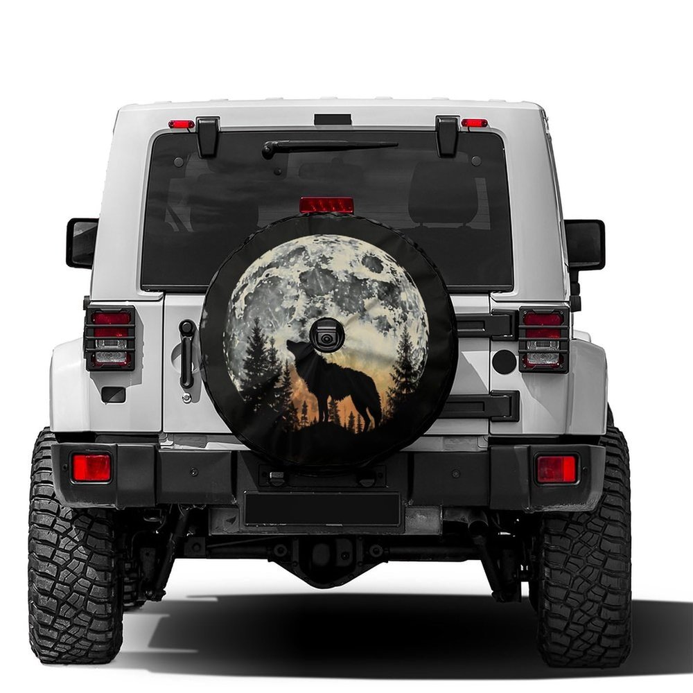 Foruidea Full Moon Wolf Spare Tire Cover with Backup Camera Hole Wheel Tire Cover Fit Trailer, RV, SUV and Many Vehicle 15inch