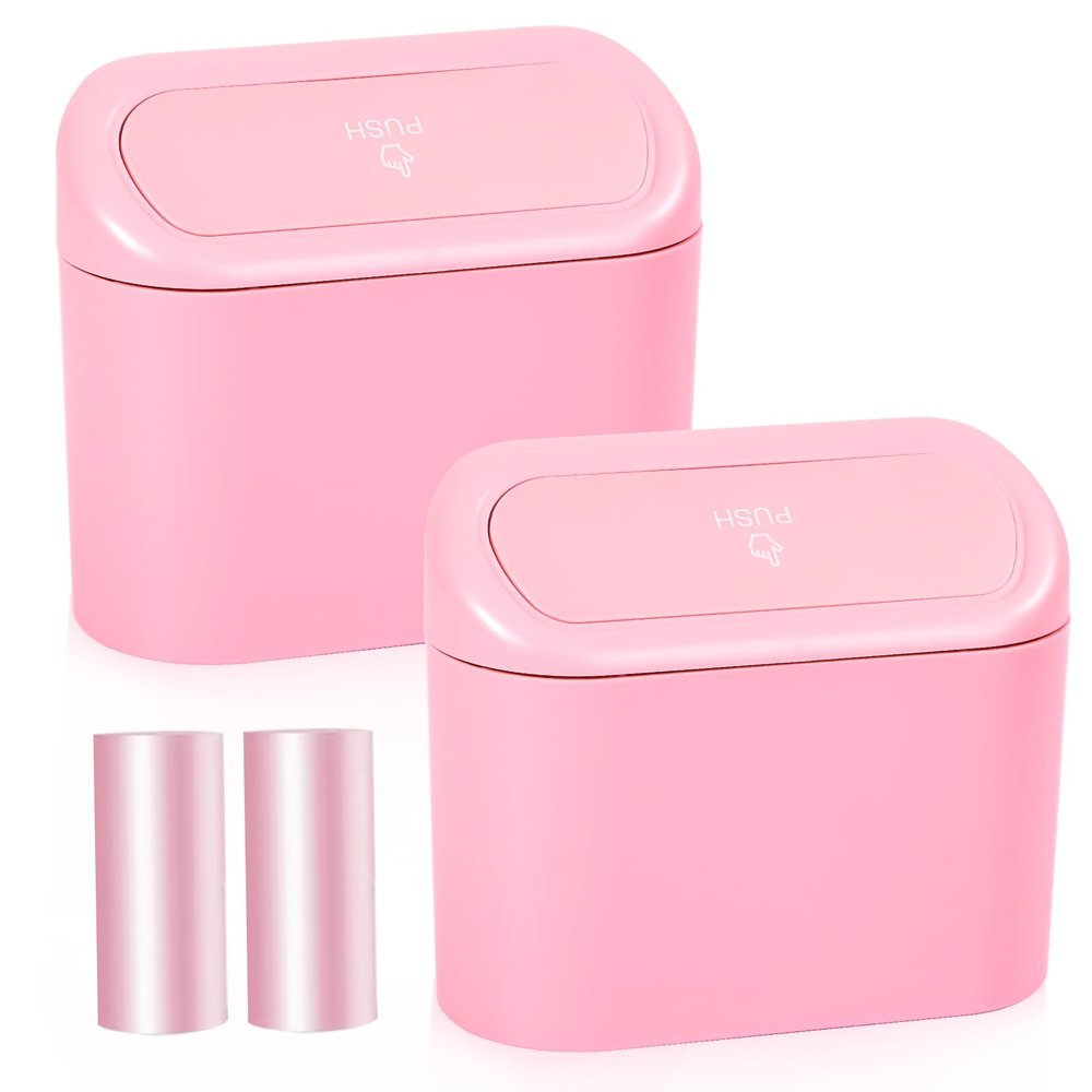 NBTEPEM Pink Car Trash Can with Lid - 2 Pack, Mini Auto Garbage Can with 60 Trash Bags, Leakproof Automotive Garbage Container Bin, Multipurpose Organizers and Storage for Car, Home, Office (Pink)