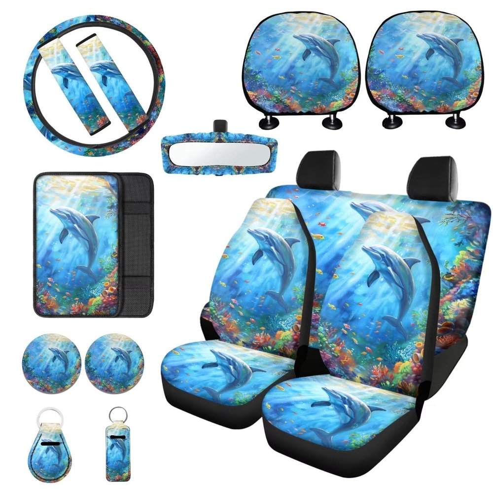 Baxinh Dolphin Ocean Print Car Seat Cover Full Set Steering Wheel Covers Armrest Pads Covers Waterproof Lipstick Holder Keychains Car Coaster Decorative Car Accessories Set, 15 Pieces, Blue