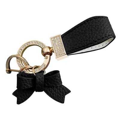 Bling Car Rhinestone Bow Leather Keychain Pendant, Alloy + PU Leather Portable Creative Cute Key Ring, Universal for Cars (Black)