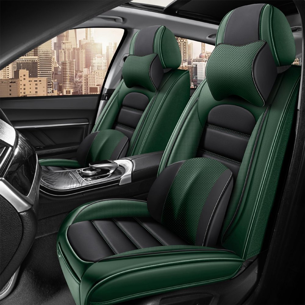 GFHJYY Car Seat Cover for Nissan Altima 2000-2025,Premium Leather Seat Cover,Non-Slip Waterproof Breathable Automotive Seat Covers Fit for Most Cars,Sedan(Green & Black,2PCS Front with Pillow)