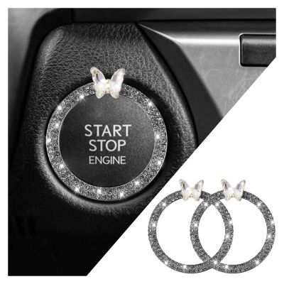 2PCS Car Engine Push Start Button Cover Decoration Ring,Bling Butterfly Push to Start Button Cover Ring with Rhinestones,Car Start Button Cover for Bling Car Accessories for Women (Black)