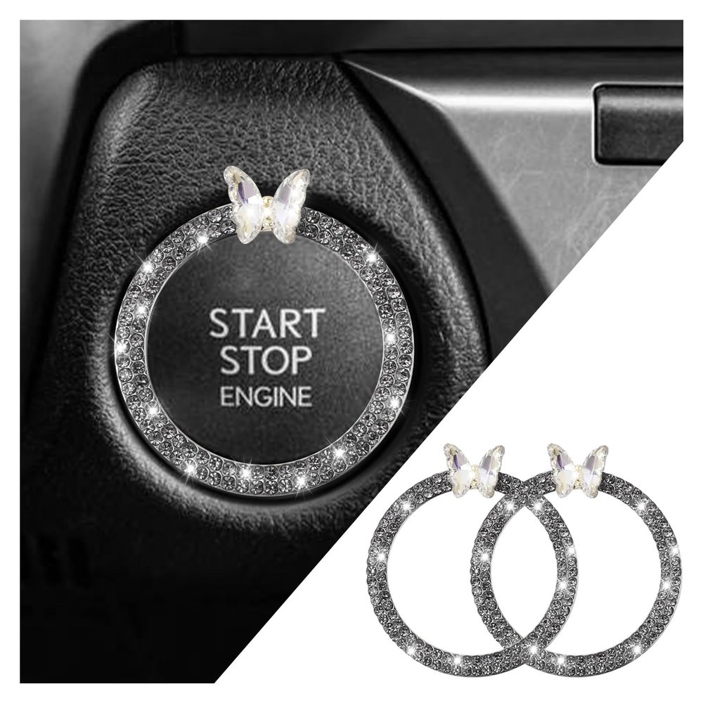 2PCS Car Engine Push Start Button Cover Decoration Ring,Bling Butterfly Push to Start Button Cover Ring with Rhinestones,Car Start Button Cover for Bling Car Accessories for Women (Black)