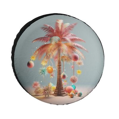 Spare Tire Cover 16inch Palm Tree with Christmas Decorations Wheel Tire Cover for Travel Trailers Protectors Weatherproof Dust-Proof Vintage Green Leaf for Camper Travel Trailer SUV Truck