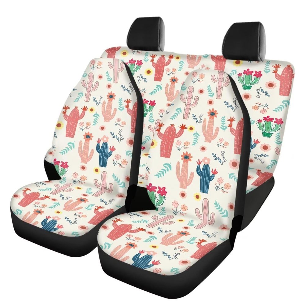 Pinupub Floral Cactus Car Seat Covers Full Set Comfy Graphic Print Automotive Front Rear Seat Protector for SUV Truck Vans Car Interior Accessories Easy to Install