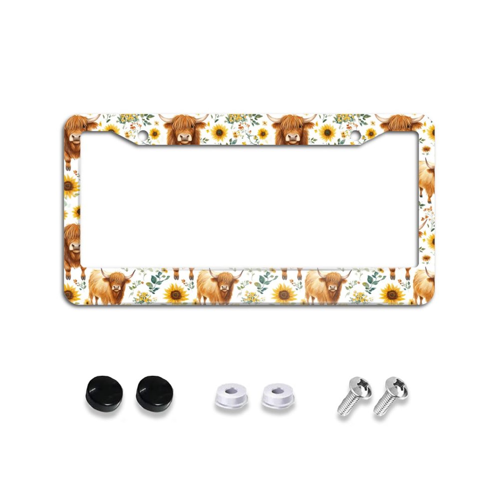 Highland Cow License Plate Frame Sunflowers License Plate Frames Aluminum Car Accessories Cover with 2 Holes and Screws 12 x 6 Inch for Front Rear Car Plate Decor for Women Men