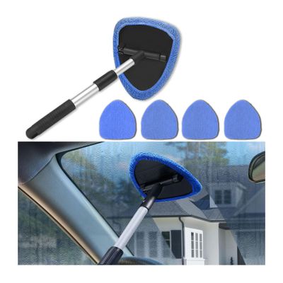 Couslcd Windshield Cleaner Tool - Portable Car Interior Window Cleaning Kit with Extendable Handle, 4 Microfiber Towel Pads, Auto Glass Wiper for Windshield, Universal for RV, SUV, Truck (Blue)