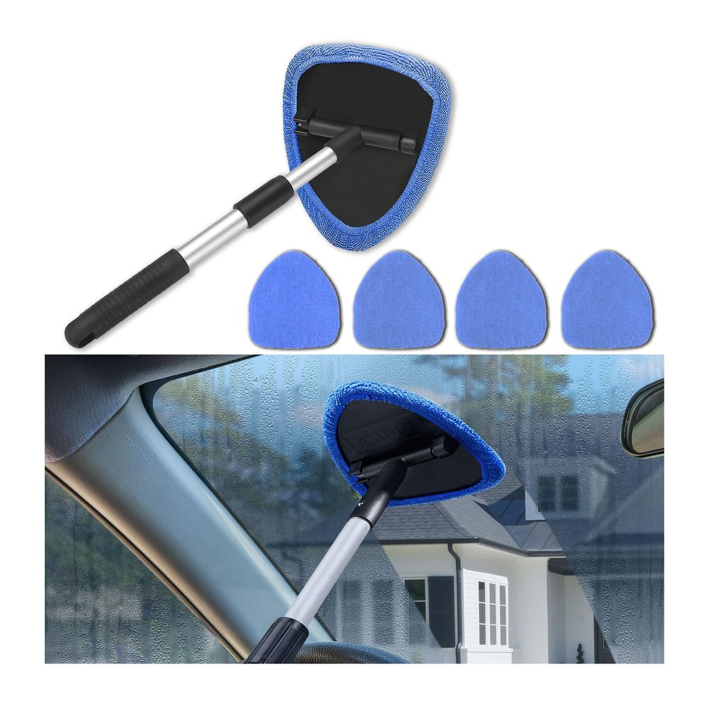 Couslcd Windshield Cleaner Tool - Portable Car Interior Window Cleaning Kit with Extendable Handle, 4 Microfiber Towel Pads, Auto Glass Wiper for Windshield, Universal for RV, SUV, Truck (Blue)