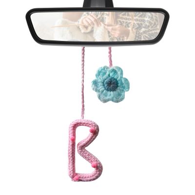 Handmade Initial Letter Pendant for Rearview Mirror,Cute Car Decor Charm Ornament, Personalized Pink Crochet Accessories for Women,Girly Automotive Interior Decorations Random Floral (B)
