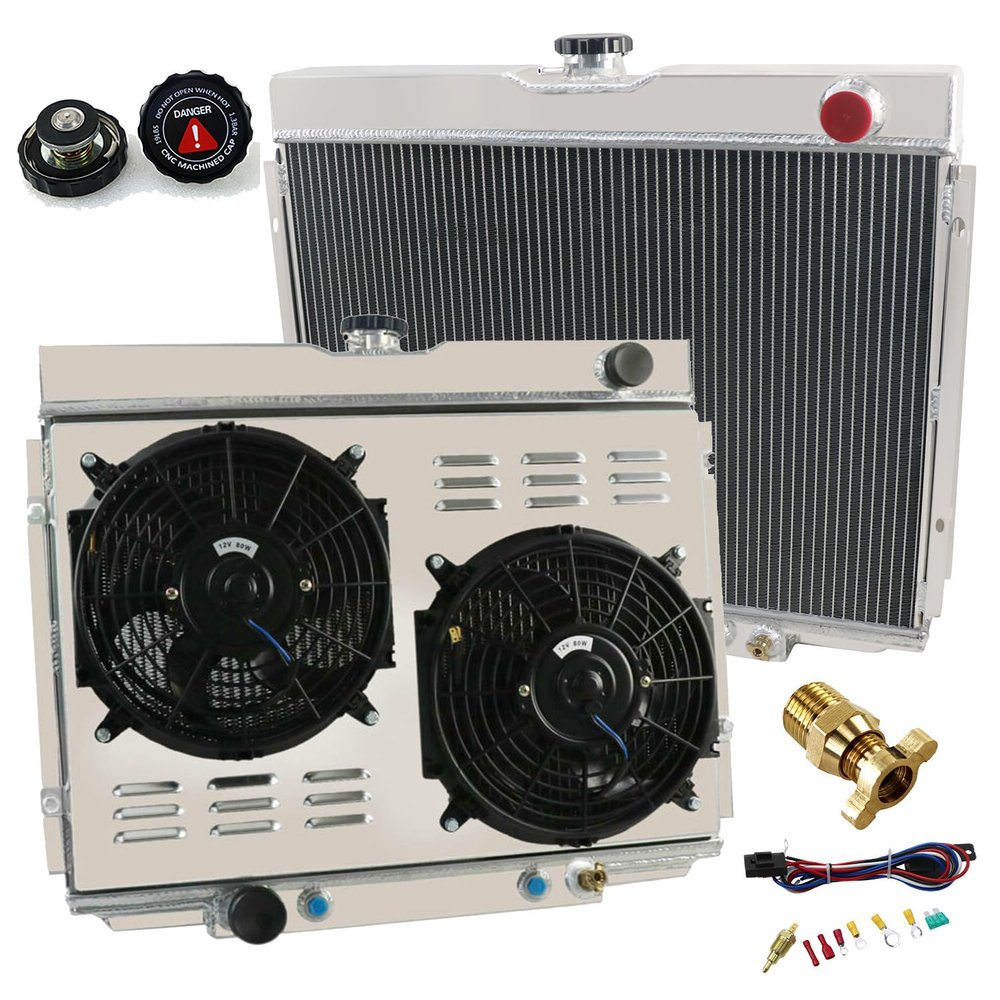 YUFUQIDA 4 Row Core Aluminum Radiator Assembly + 2 x 10" Fan Shroud + Thermostat Compatible with 1967-1970 Ford Fairlane Falcon Mustang Ranchero Country Squire Galaxie LTD/Mercury Cougar XR7, V8 AT