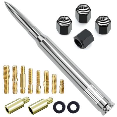 Car Truck Antenna with Tire Valve Caps American Flag Universal Short Replacement for GMC Sierra Chevy Silverado Dodge Ram 1500 2500 3500 Ford F150 F250 F350 Super Duty Raptor Accessories, Chrome