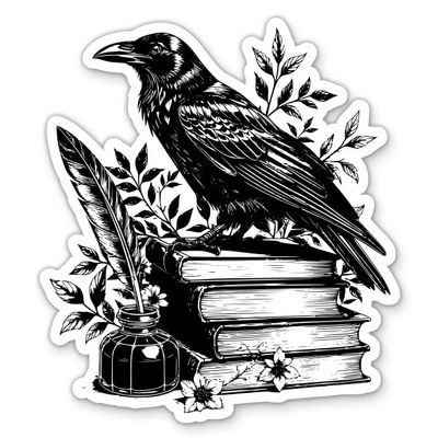 Raven on Books Sticker - for Water Bottle Phone Car Tumbler Laptop - Dark Gothic Academia Reading Reader Book Lover Decal - Waterproof Vinyl - 3"