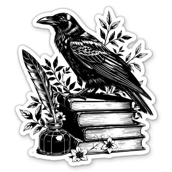 Raven on Books Sticker - for Water Bottle Phone Car Tumbler Laptop - Dark Gothic Academia Reading Reader Book Lover Decal - Waterproof Vinyl - 3"