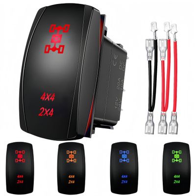 4x4 Rocker Switch with Jumper Wires, 12V/20A 24V/10A 5 Pin SPST ON Off, Marine Heavy Duty Toggle Switch, Boat Laser Etched LED Rocker Switch for RZR 4Runner 2X4 RV ATV UTV Truck Off Road (Red)