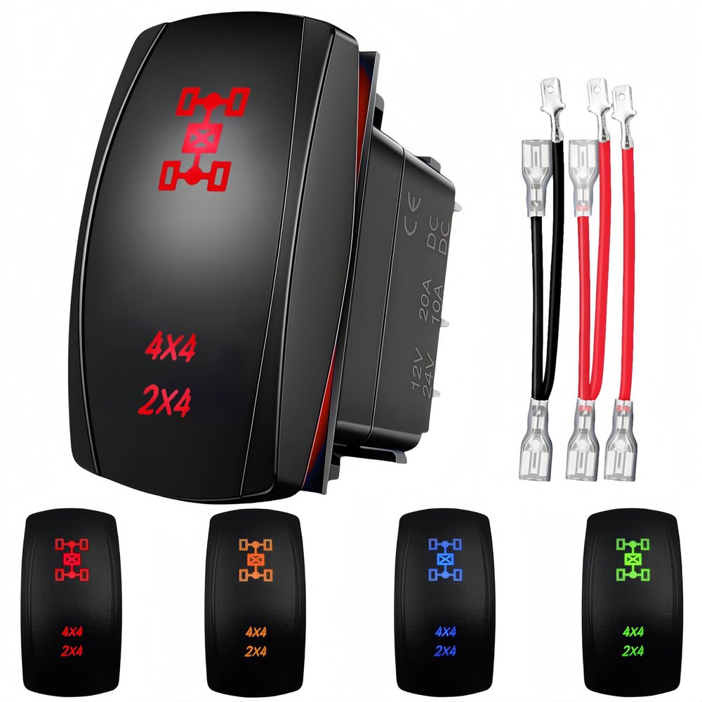 4x4 Rocker Switch with Jumper Wires, 12V/20A 24V/10A 5 Pin SPST ON Off, Marine Heavy Duty Toggle Switch, Boat Laser Etched LED Rocker Switch for RZR 4Runner 2X4 RV ATV UTV Truck Off Road (Red)