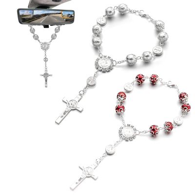 SHMZK 2 PCS Car Rosary for Rearview Mirror, Personalized Blessing Hanging Pendant for Car Rear View Mirror, Cross Rosary Ornament Interior Decor for Most Vehicles, Car Accessories (White+Red)