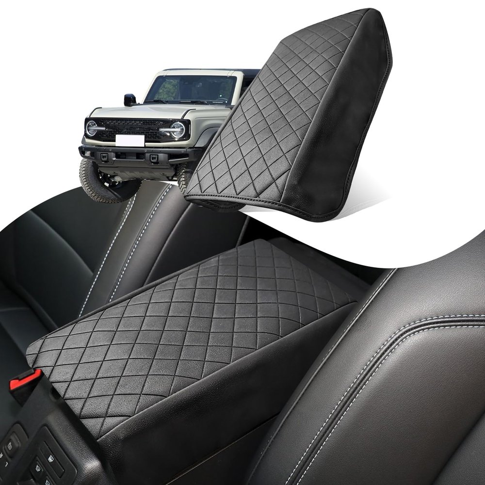 nuoozy Center Console Cover Compatible with Ford Bronco 2021-2025 2/4 Doors, Leather Armrest Cover Lid Protector, Elbow Arm Rest Covering, Anti-Scratch, Black