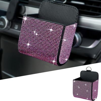 MINGZAIQIPEI Car Vent Storage Organizer, Rhinestone Car Vent Leather Pocket, Auto Storage Box for Phone Coin Key Sunglasses, Sparkly Car Accessories for Women (Pink)