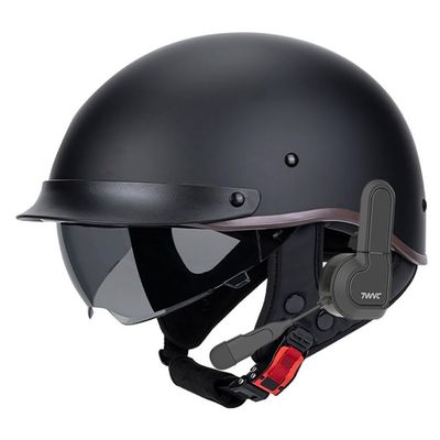 German Style Bluetooth Motorcycle Half Helmet Scooter Open Face Helmet DOT Approved Built-in Speaker Headset Microphone with Retractable Visor, with Adjustable Quick Release Buckle