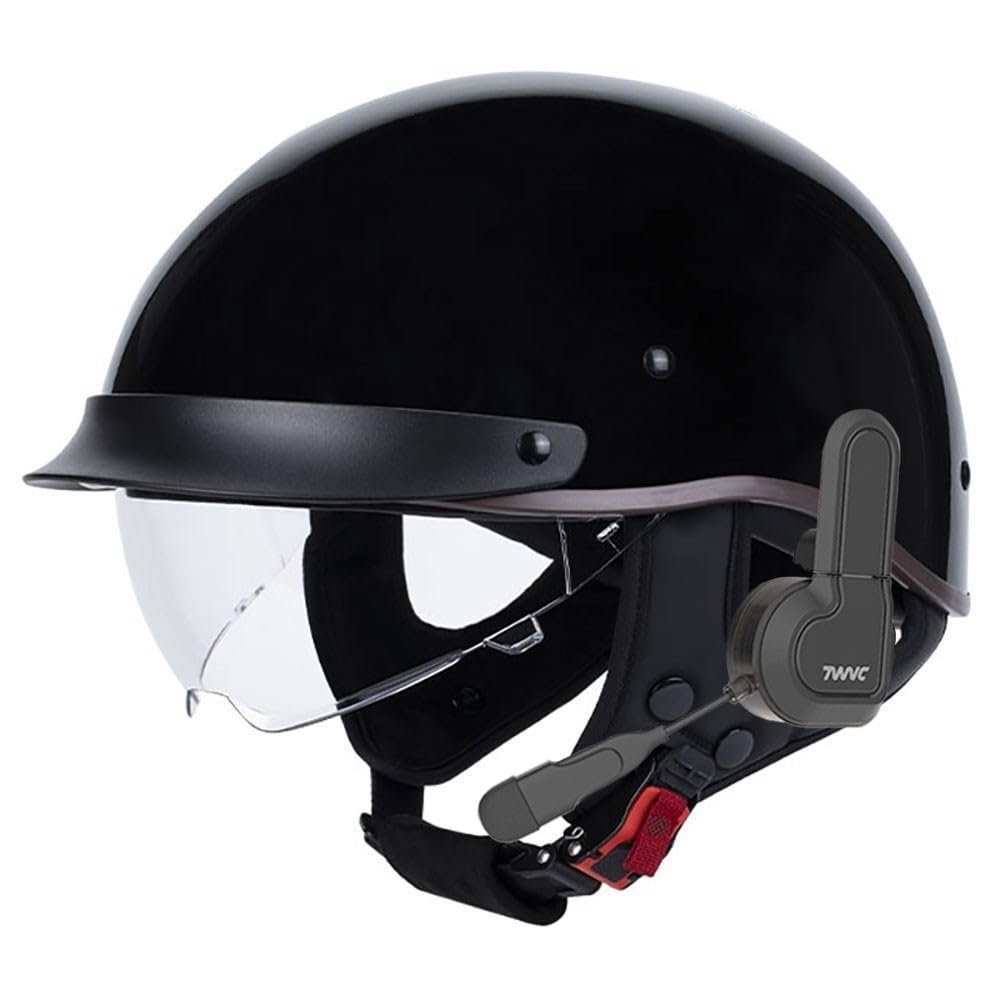 German Style Bluetooth Motorcycle Half Helmet Scooter Open Face Helmet DOT Approved Built-in Speaker Headset Microphone with Retractable Visor, with Adjustable Quick Release Buckle