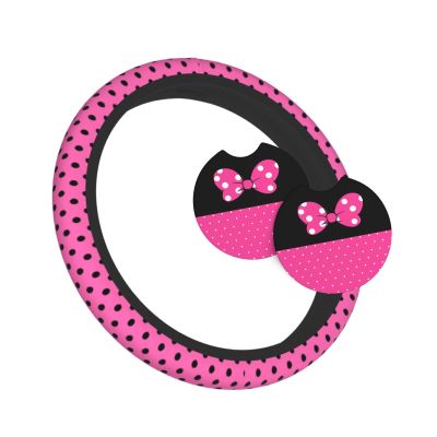 Pink Black Bow Steering Wheel Cover,Cute Classic Universal Fit 14-15 inch Steering Wheel Cover for Women Men, Automotive Interior Accessories Decorative,with 2 Pack Car Coaster