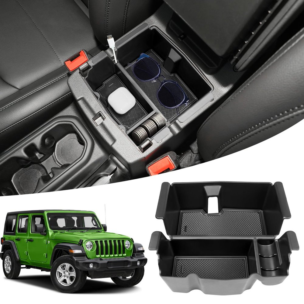 OUSUWO Center Console Organizer Compatible with 2018-2025 Jeep Wangler JL JLU 4XE Rubicon Sahara & 2020-2025 Gladiator JT Accessories, Armrest Storage Box Tray Fit for Jeep Interior accessories