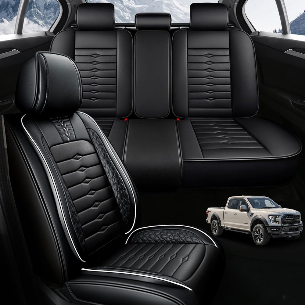 TNOKDY Seat Covers for Truck 2007-2024 GMC Sierra Chevy Silverado 1500 2500/HD 3500/HD Nappa Leather Car Seat Covers Waterproof and Dustproof Car Seat ProtectorsBlack+White Bars
