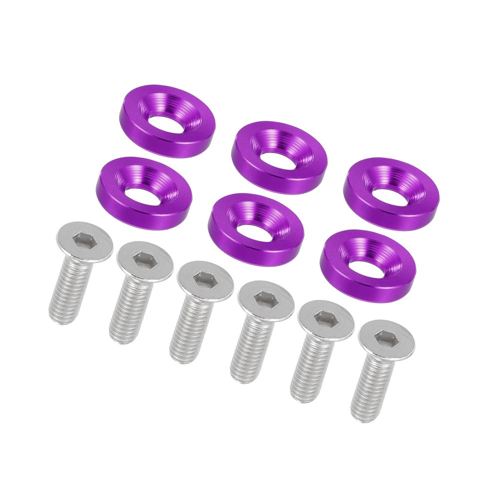 PARSLUCK Universal Finishing Countersunk Fender Bumper Washers, Gasket Screw Engine Bay Fastener Kit for Car Motorcycle Mechanical RC Parts, M6, Durable, Aluminum Alloy, Purple, 6pcs Stable