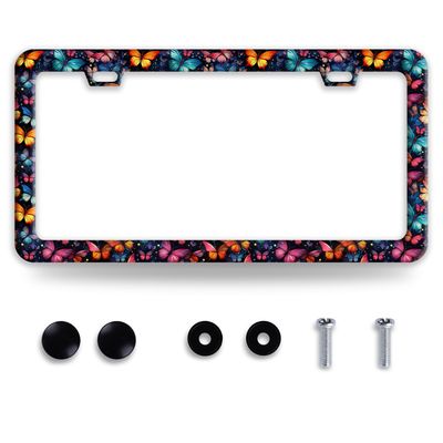 Butterfly License Plate Frame Funny Colorful License Plate Frames Stainless Steel Accessories Cars Decor with 2 Holes and Screws Fits Standard Us Ca Vehicles License Plate Holder 12.2 X 6 Inch