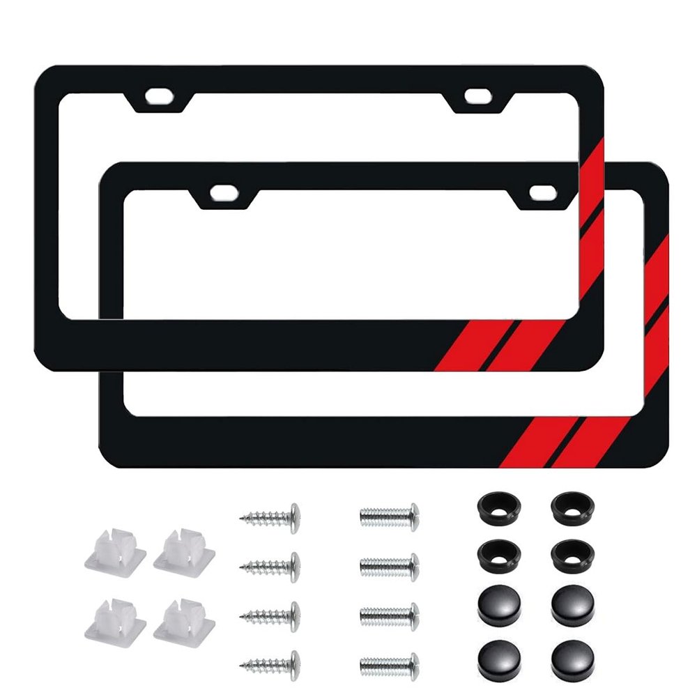 2Pcs Red Strips License Plate Frames for Dodge Challenger Charger, 12.2x6.4inch Universal Fit License Tag Plate for Dodge Vehicles with Screws and Caps (RedStripes)