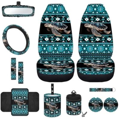 gearider Sea Turtle Front Car Seat Cover Set with Steering Wheel Cover Seat Belt Pads Center Console Pad Trash Bin Phone Holder Rearview Mirror Cover Cup Holder Key Chain 12pcs, Southwest Aztec Blue