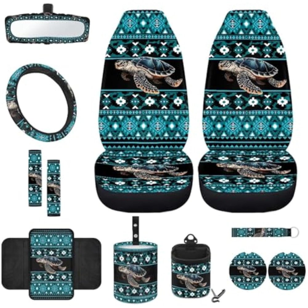 gearider Sea Turtle Front Car Seat Cover Set with Steering Wheel Cover Seat Belt Pads Center Console Pad Trash Bin Phone Holder Rearview Mirror Cover Cup Holder Key Chain 12pcs, Southwest Aztec Blue