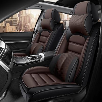 GFHJYY Car Seat Cover for Nissan Rogue 2014-2025,Premium Leather Seat Cover,Non-Slip Waterproof Breathable Automotive Seat Covers Fit for Most Cars,(Brown & Classic Black,Full Set with Pillow)